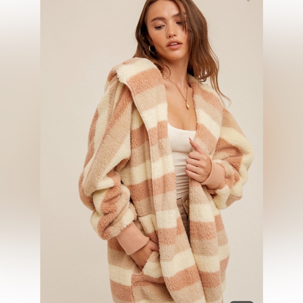 🆕Women’s Soft Fleece Cozy Cardigan Hoodie Cream Rose Mocha Striped W/Pockets - Picture 12 of 12